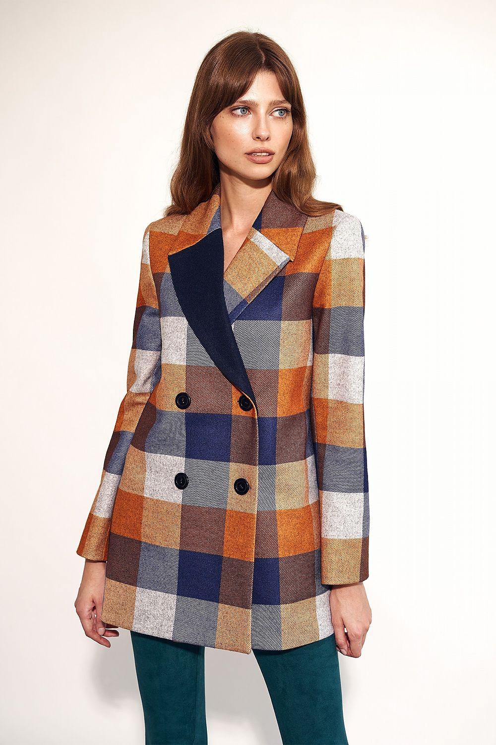 Checked double-breasted coat with navy, orange, and cream block plaid, button front