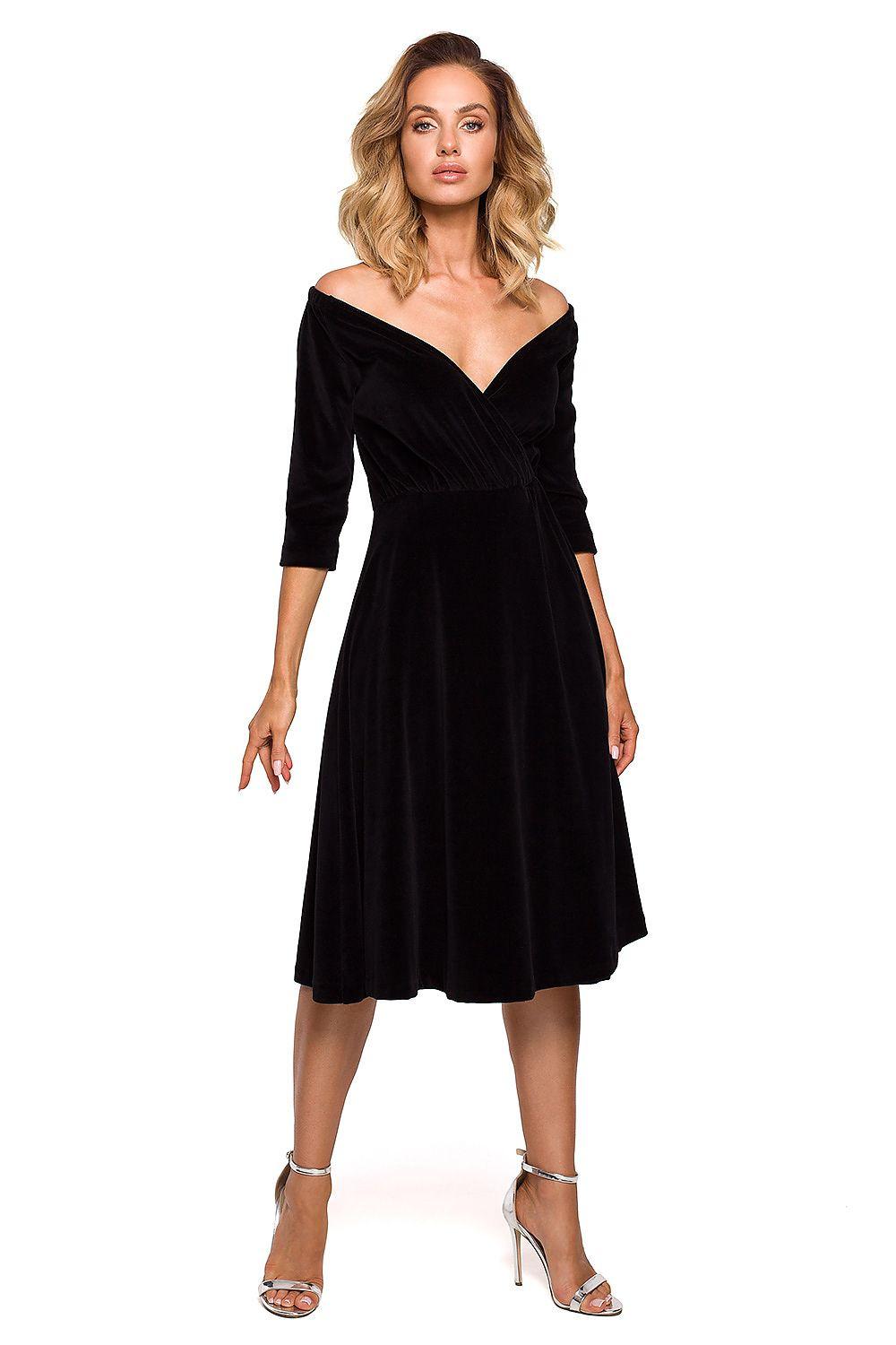 Black off-shoulder evening dress with V neckline, 3/4 sleeves, knee-length flare
