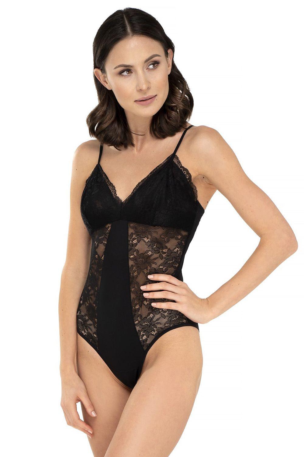 Black lace shapewear body with V-neck and brief cut