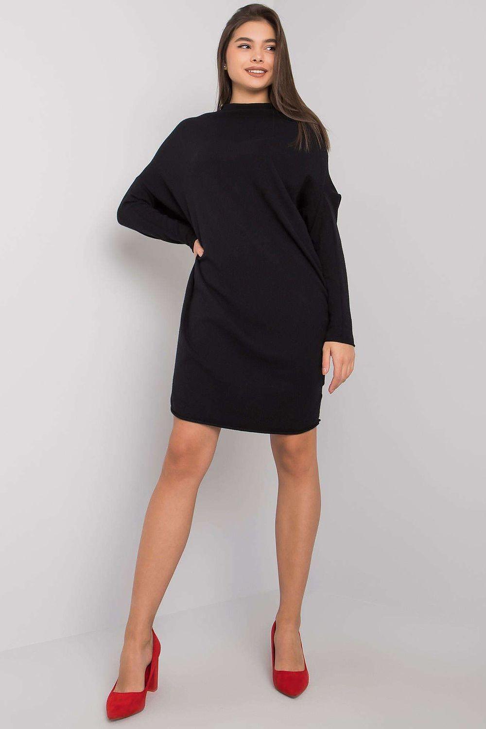 Och Bella black long-sleeve daydress with high neckline, shift silhouette