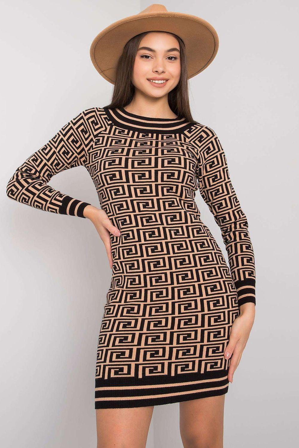 Daydress with long sleeves, crew neck, brown-and-cream geometric print, black trim