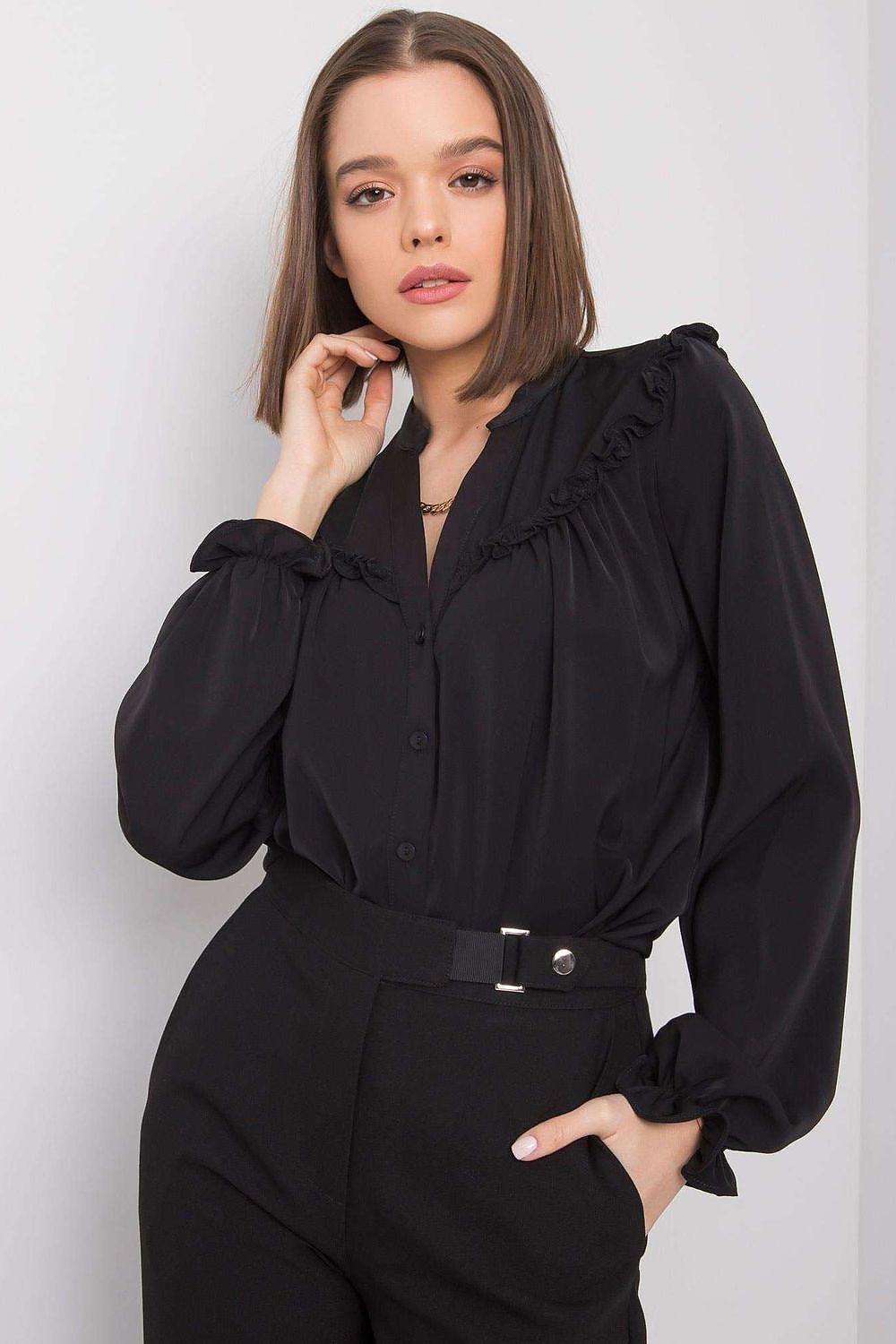 Och Bella black long sleeve shirt with ruffled collar and puff sleeves