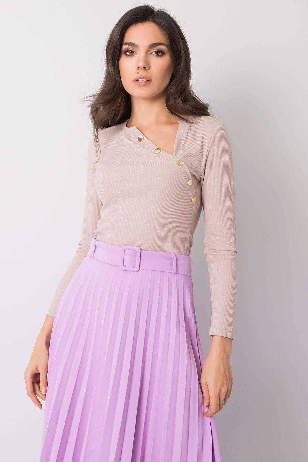 Beige knit blouse with V-neck, button placket, and 3/4-length sleeves