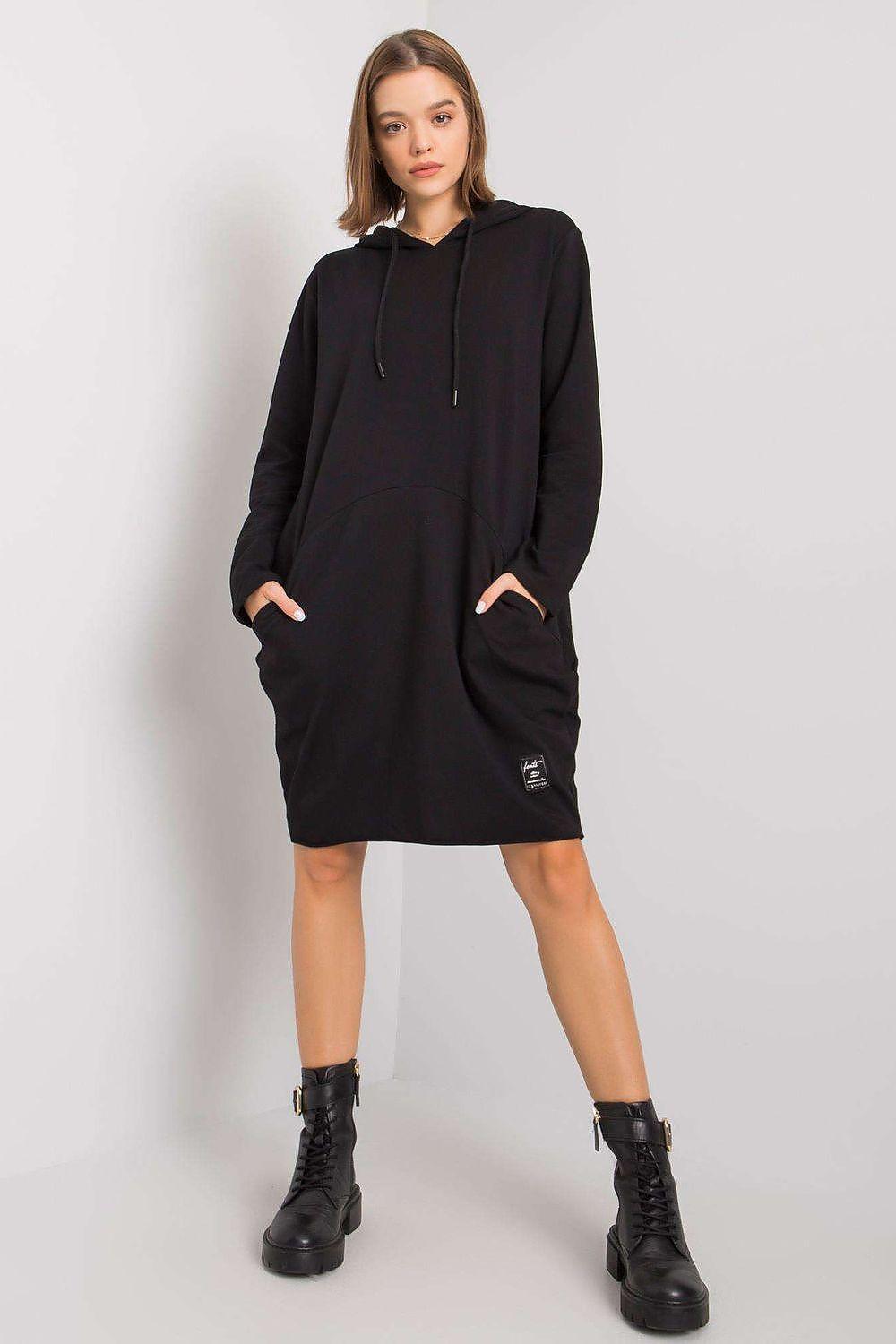 Black daydress with hood, long sleeves and front pouch pocket