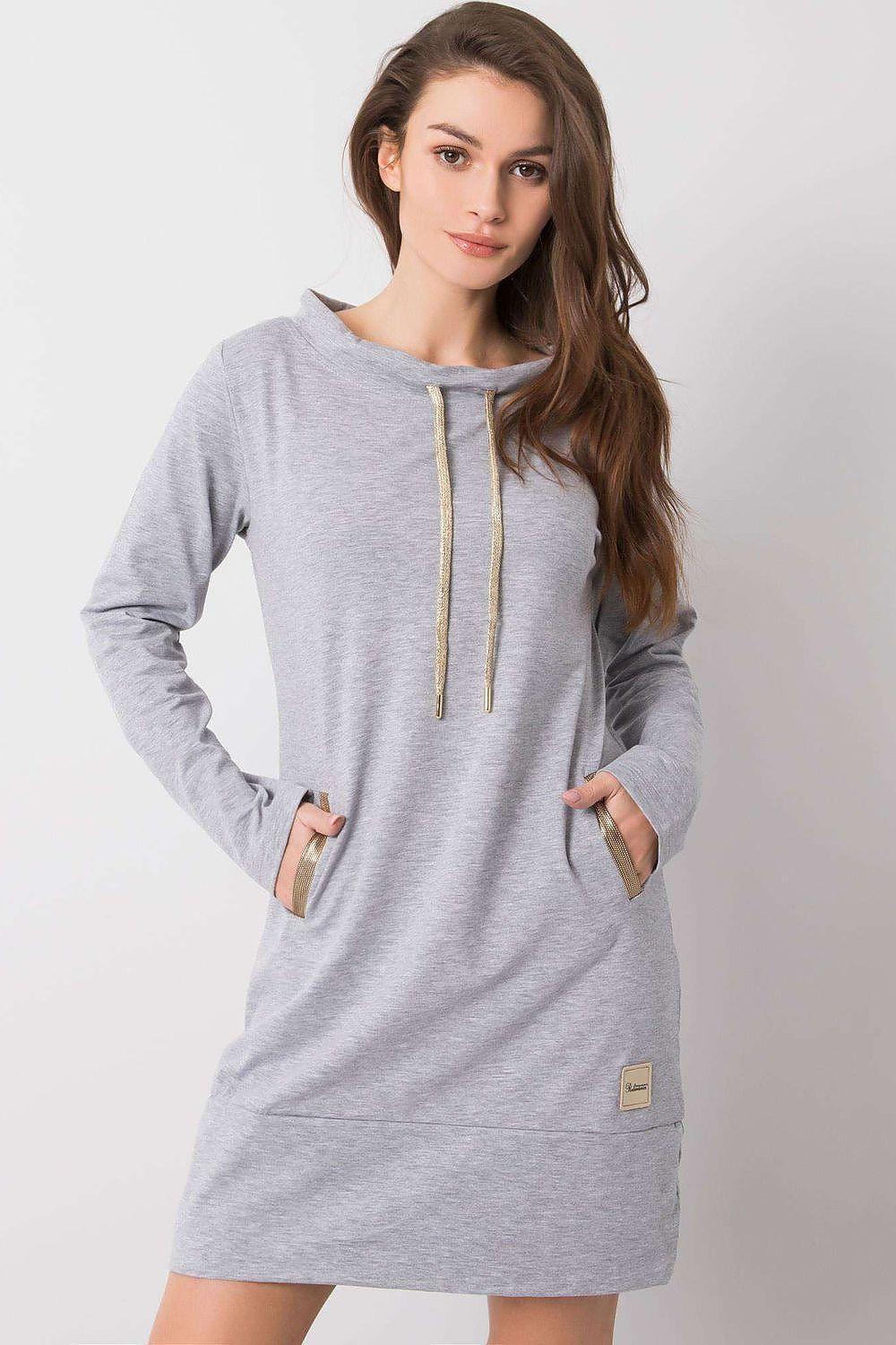 Grey hooded daydress with drawstring, long sleeves, and front kangaroo pocket.