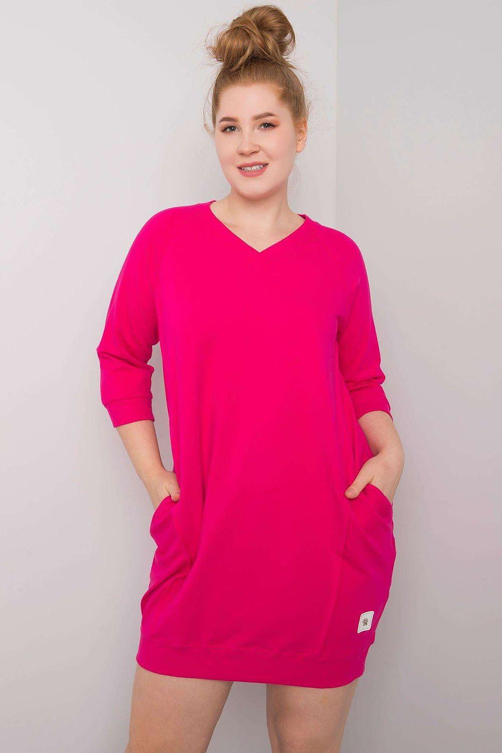Pink V-neck shift dress with 3/4 sleeves and side pockets