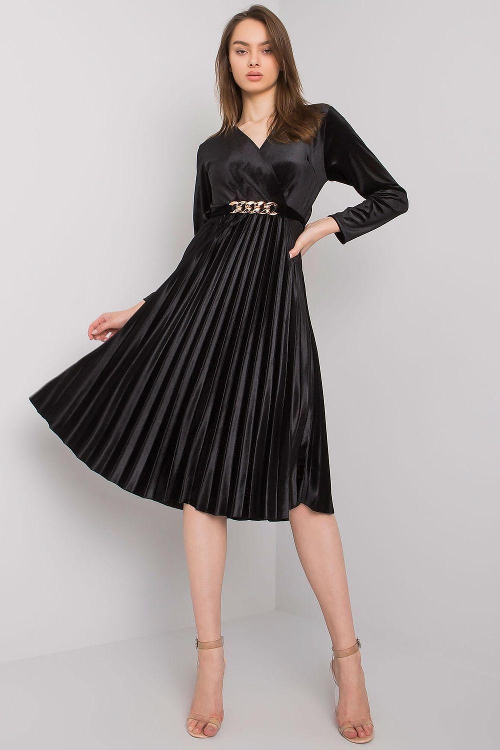 Black pleated midi evening dress, long sleeves, V-neck, gold-tone belt detail