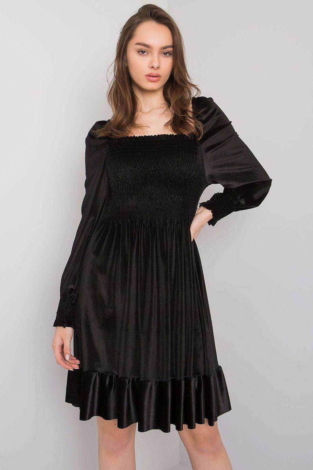 Black evening dress with square neckline, long puff sleeves, and tiered ruffle hem