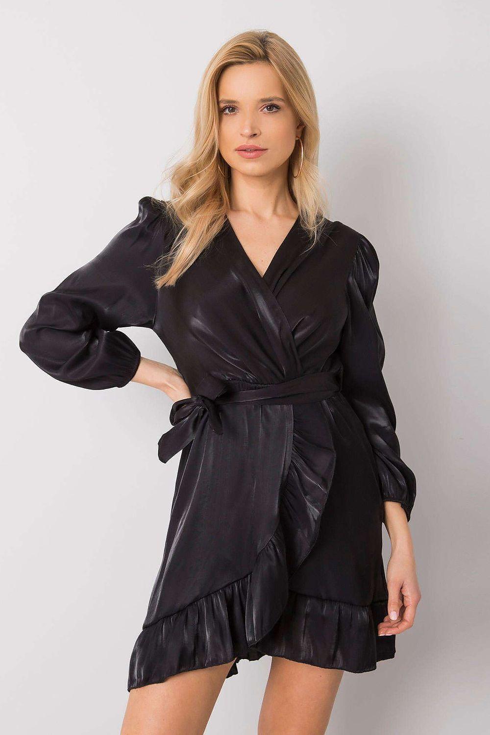 Black wrap-style evening dress with V-neck, puff sleeves, and ruffled hem