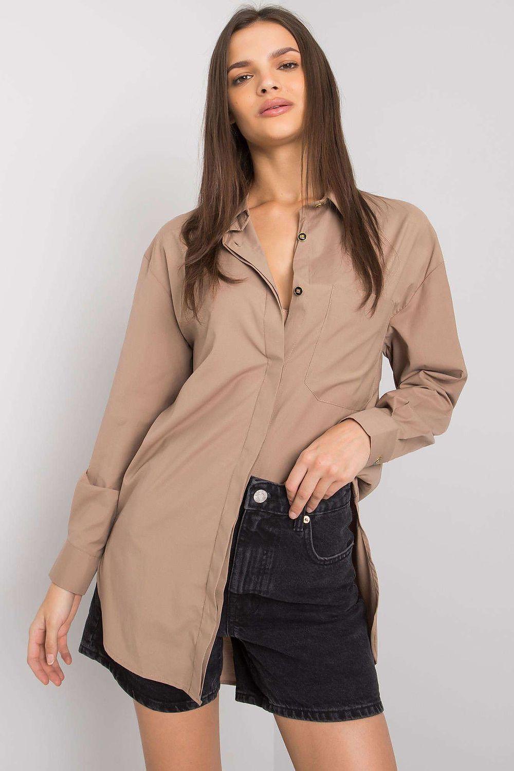 Beige long-sleeve button-front shirt with collar, relaxed fit
