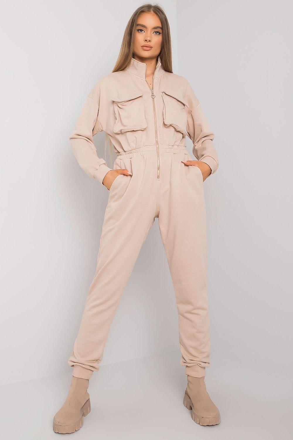 Beige zip-up hooded jumpsuit with drawstring, patch pockets and elastic cuffs
