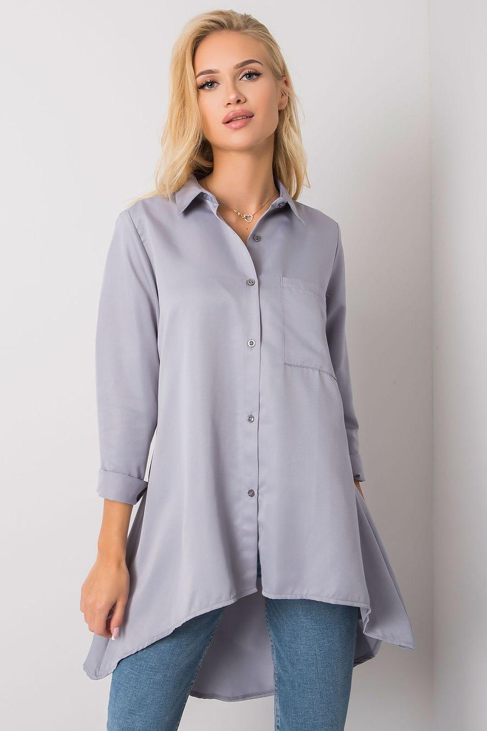 Long sleeve shirt in light grey, button-front with chest pocket and roll-tab cuffs