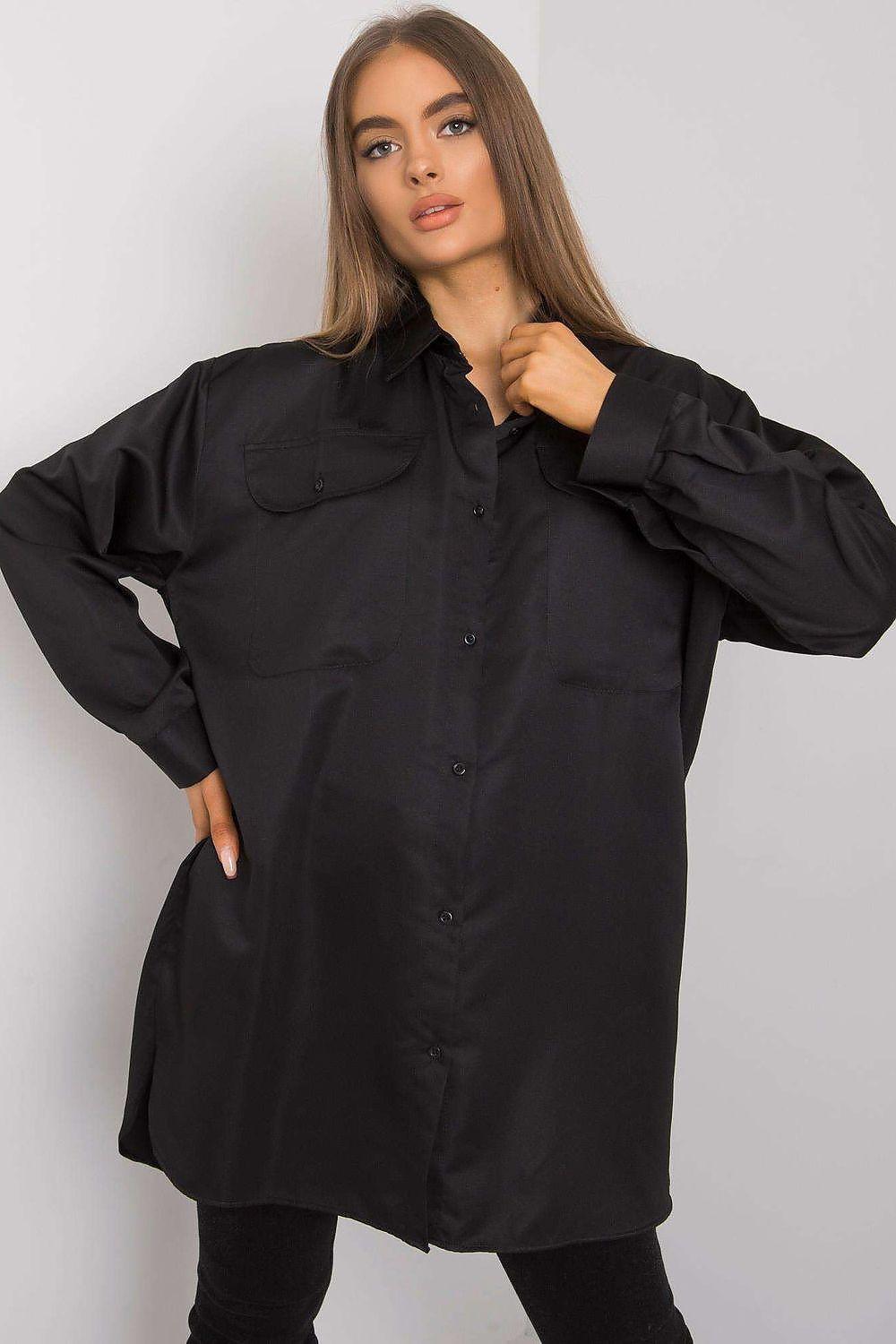 Black long-sleeve shirt with button front and point collar, flap chest pockets