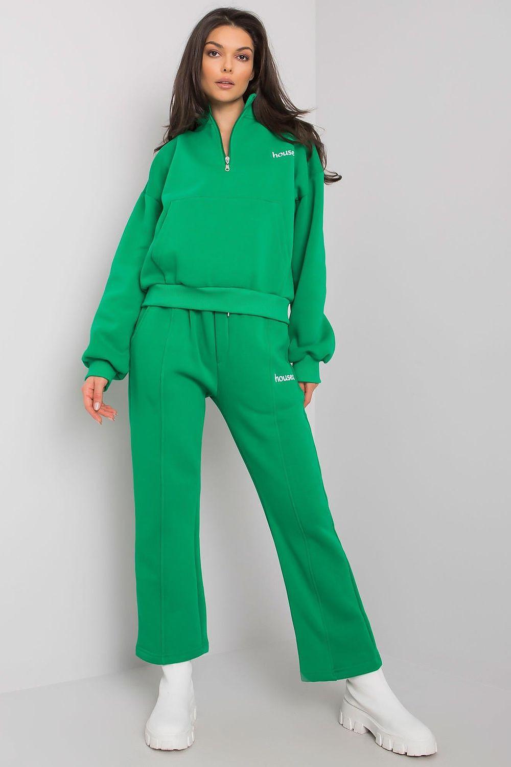 Green cotton-blend lounge set with quarter-zip sweatshirt and wide-leg pants
