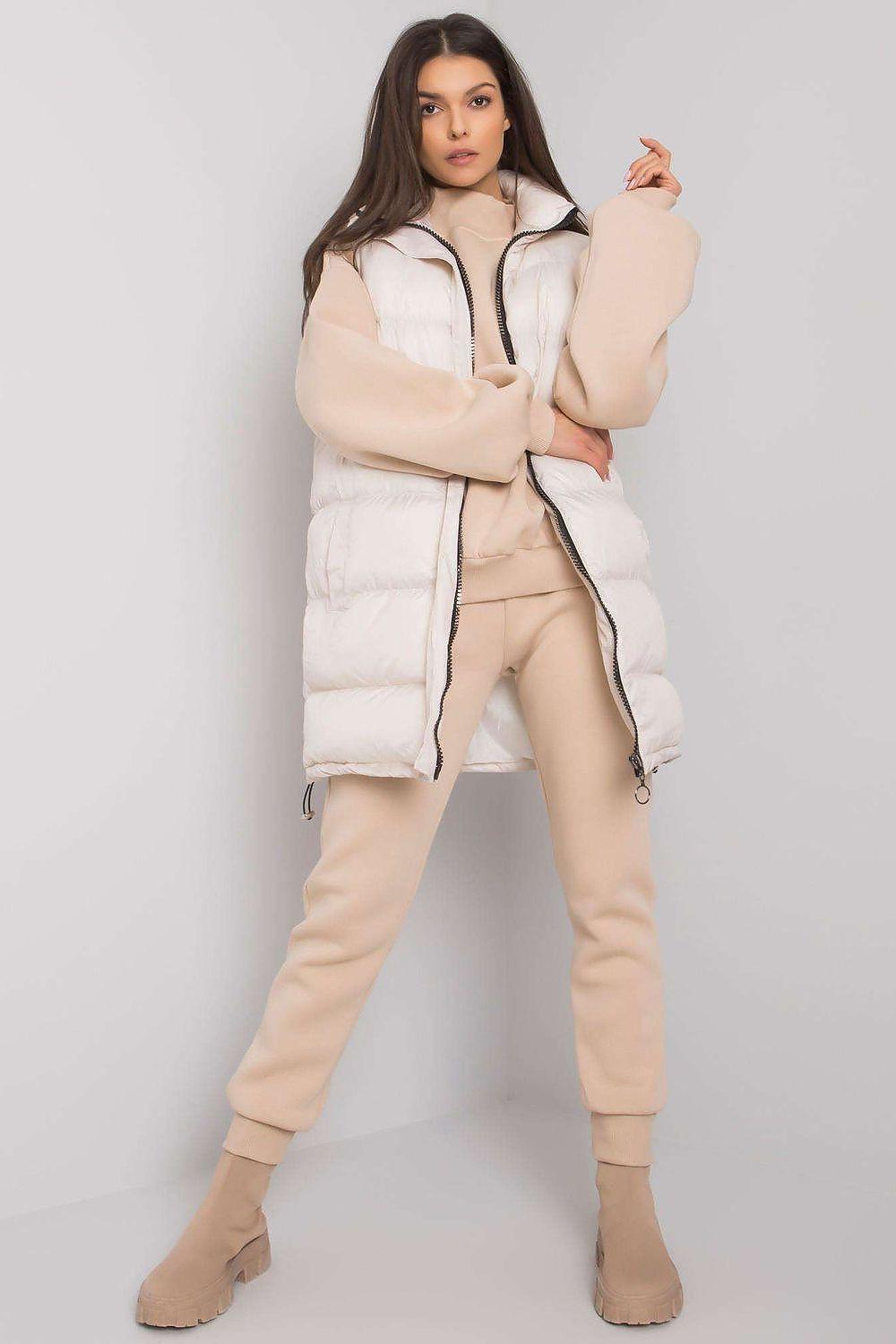 Beige 3-piece loungewear set with puffer jacket and jogger pants