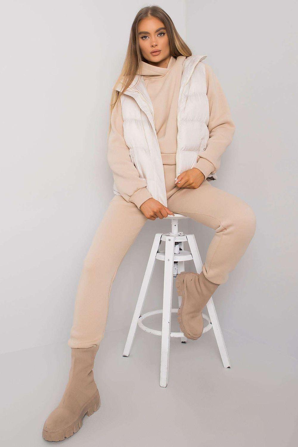 Beige premium down vest and hooded sweatshirt lounge set, zip front, matching pants