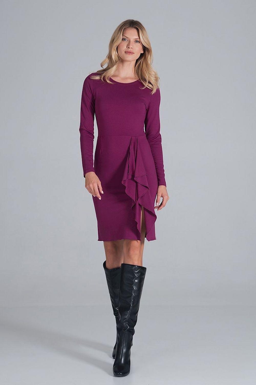 Violet long-sleeve cocktail dress with ruffle draped front and asymmetrical hem.