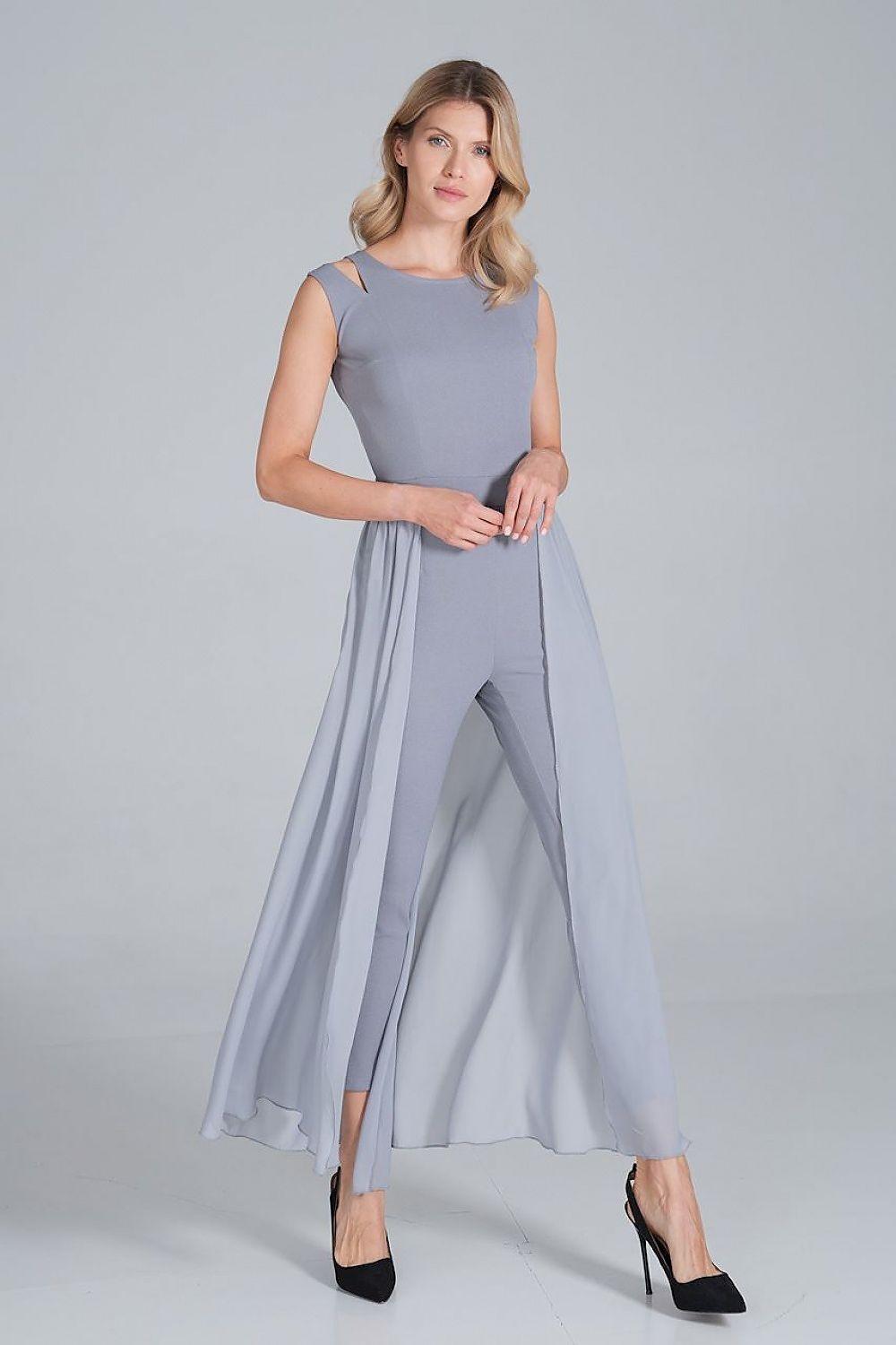 Sleeveless grey maxi dress with gathered waist, flowing skirt, and side slit