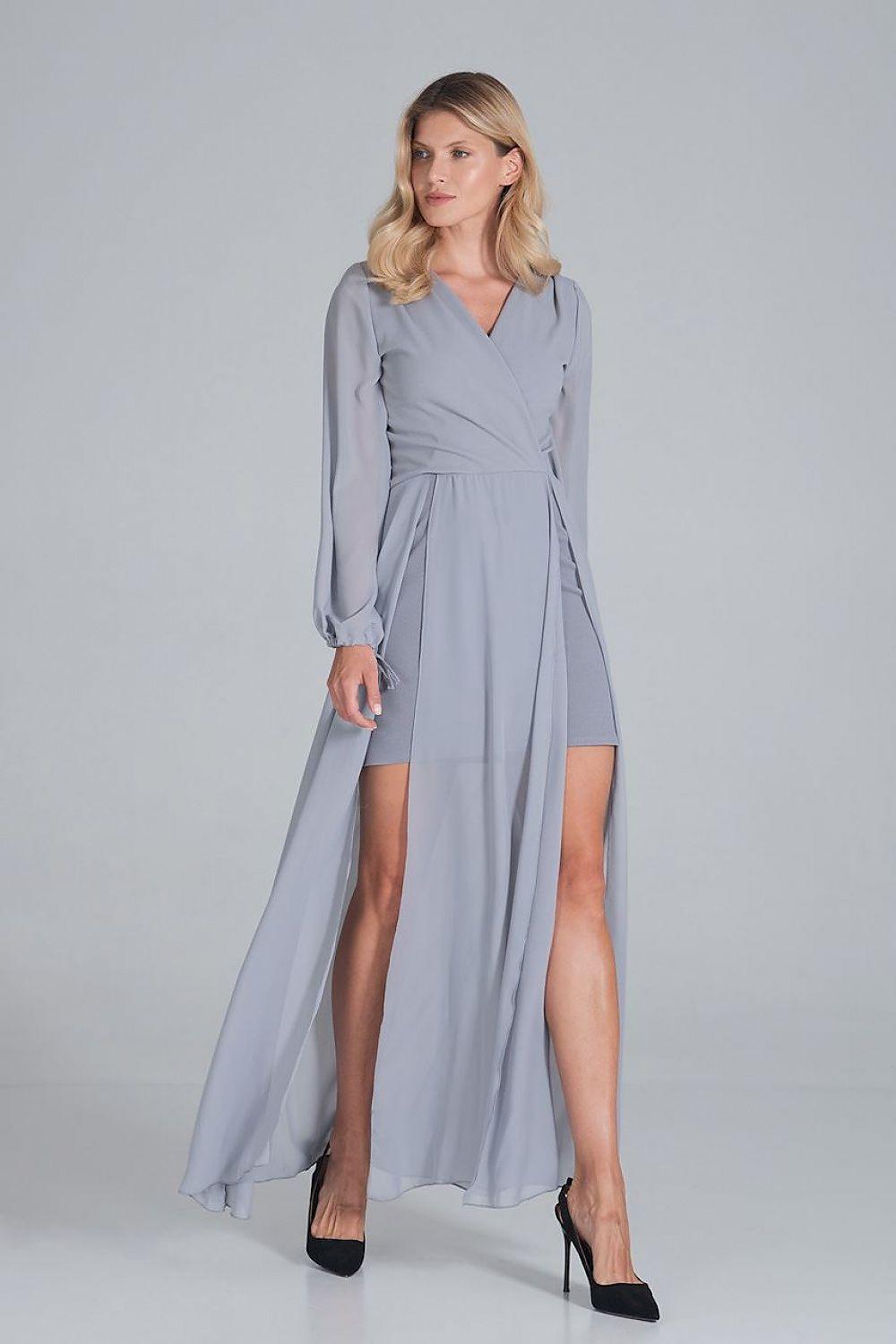 Grey evening maxi dress with V-neck, long sleeves, waist tie and chiffon overlay