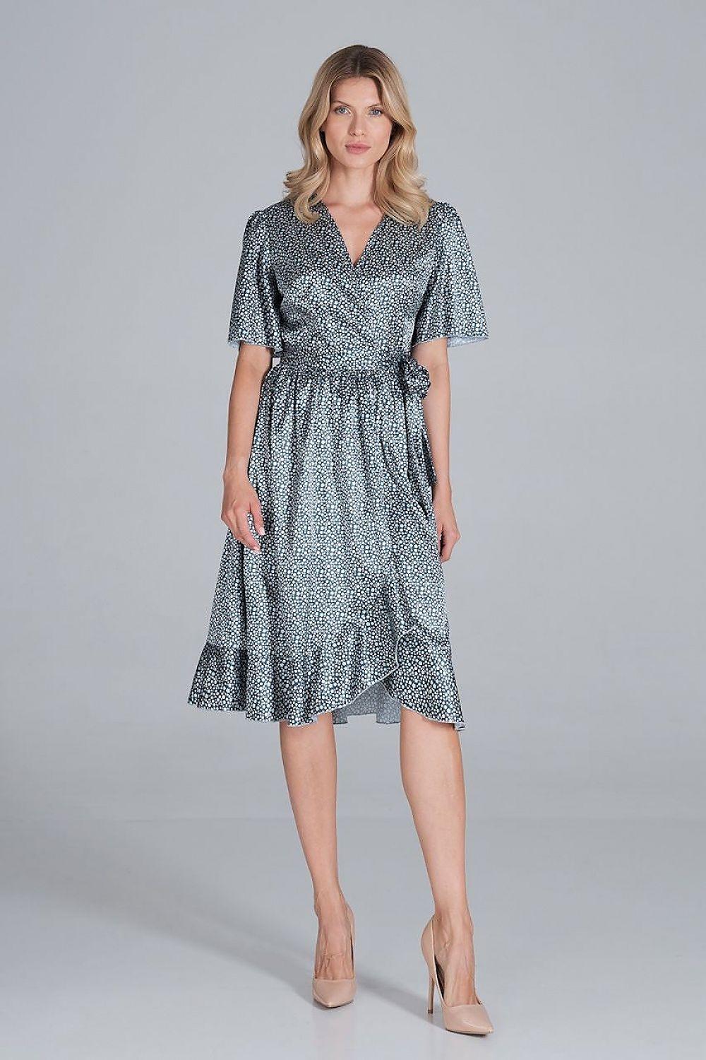 Gray speckled satin midi dress with wrap V-neck, short sleeves, gathered waist, flared hem