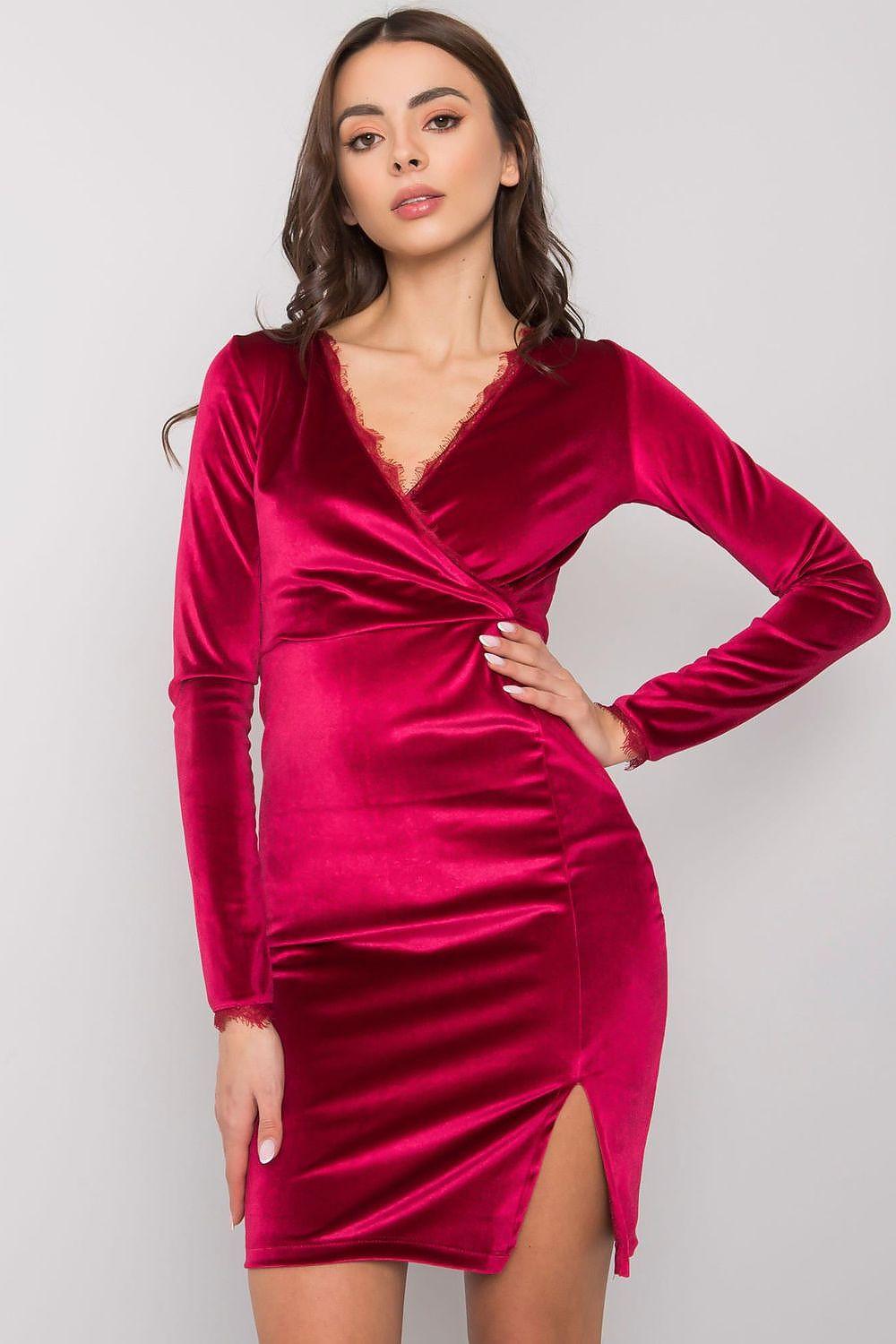Red satin mini evening dress with V-neck, long sleeves, fitted ruched design