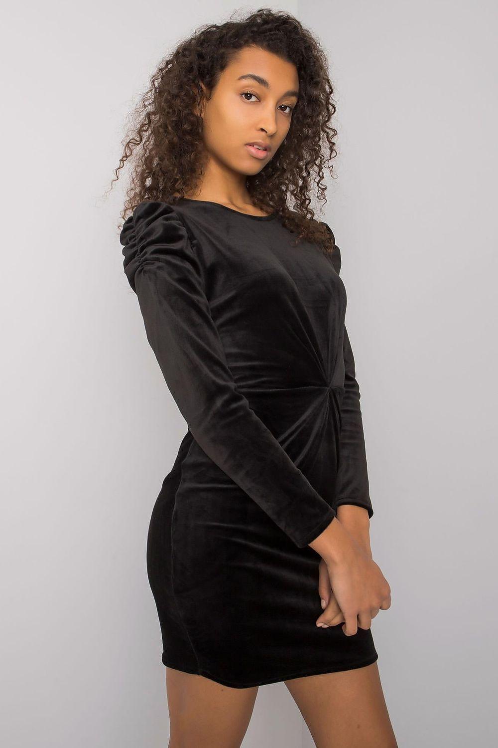 Black long-sleeve velvet mini dress with front twist and shoulder gathering