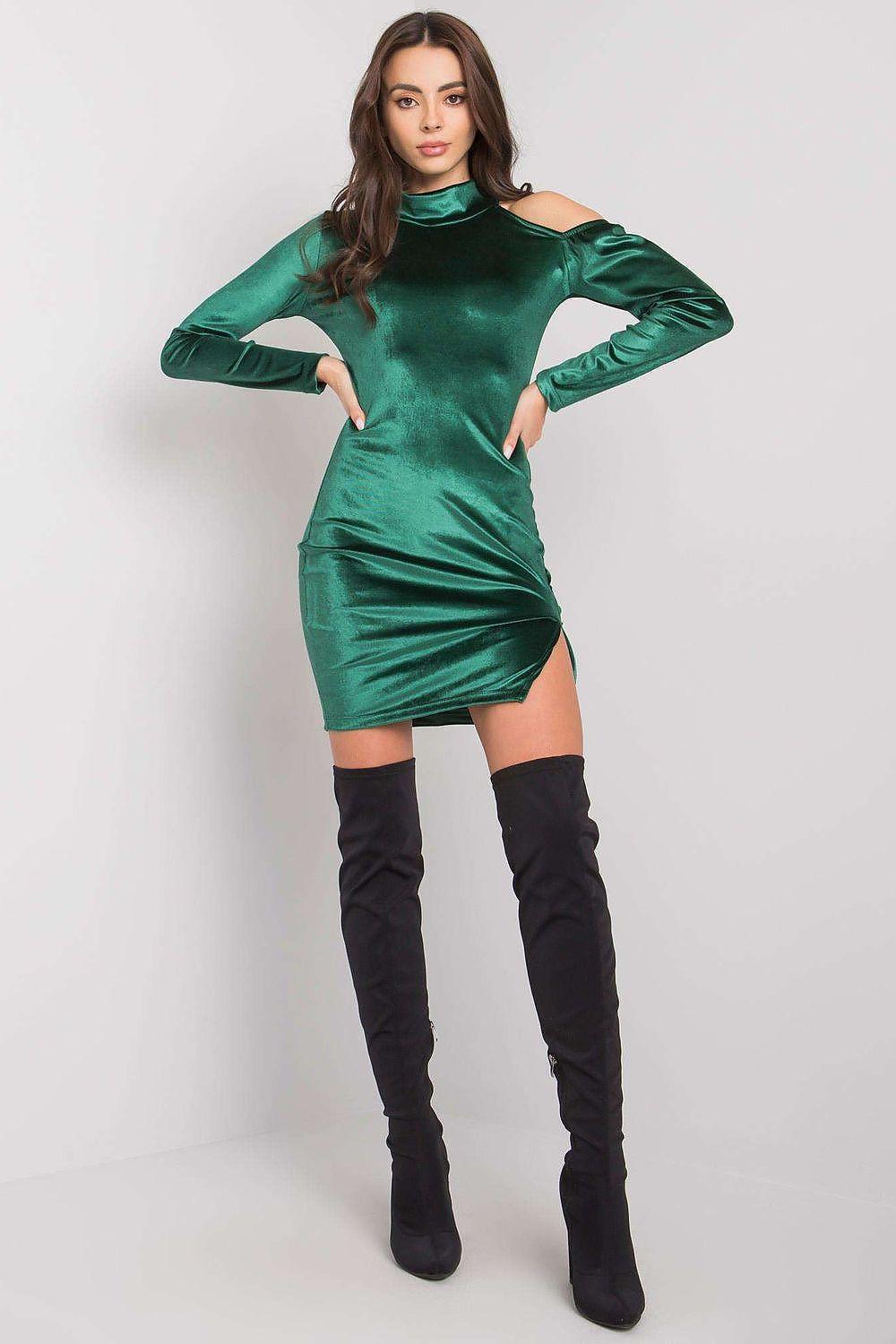 Green satin cold-shoulder mini dress with long sleeves and side slit