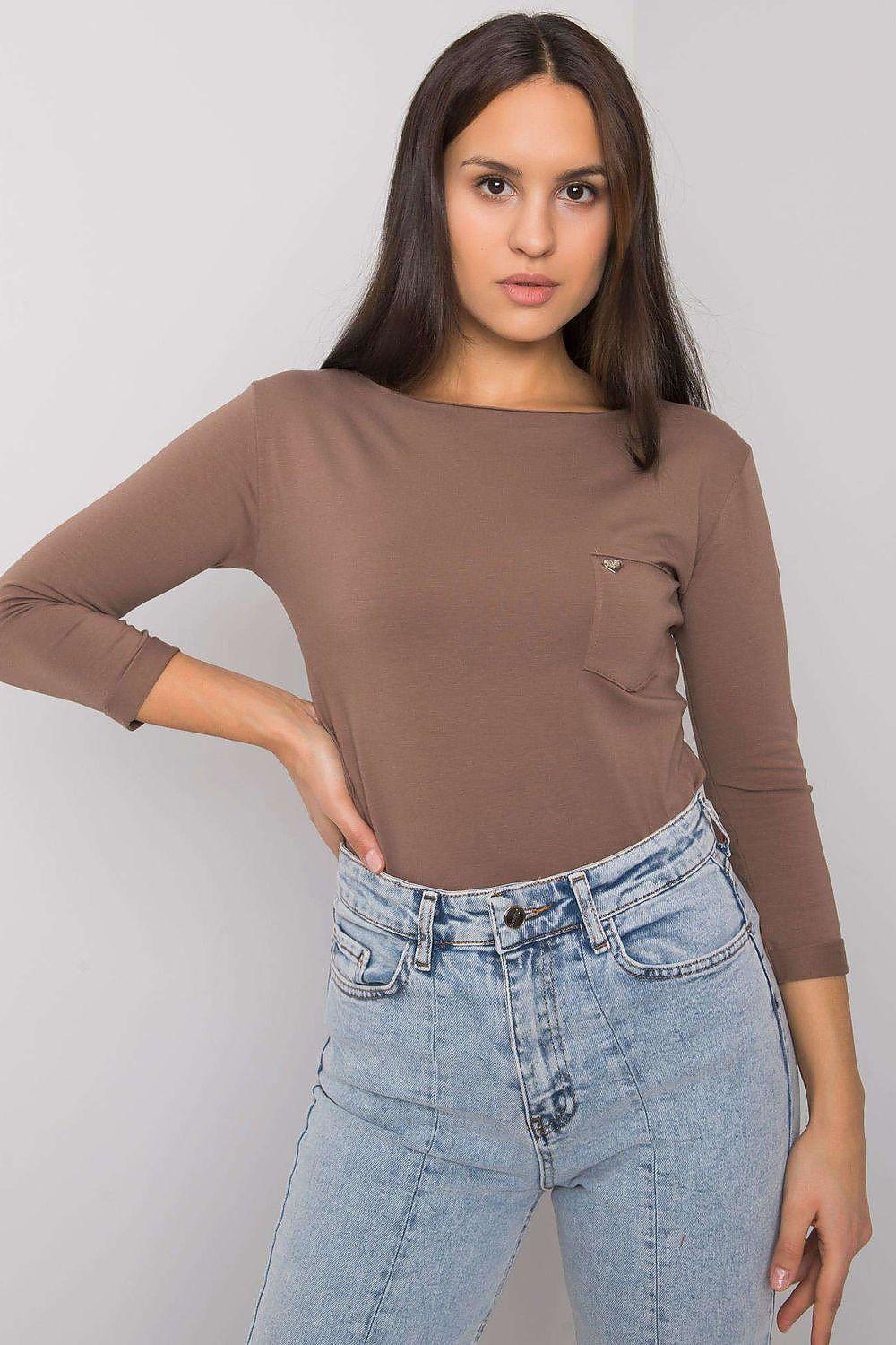 Brown long-sleeve blouse with crew neck and side chest pocket, slim fit.