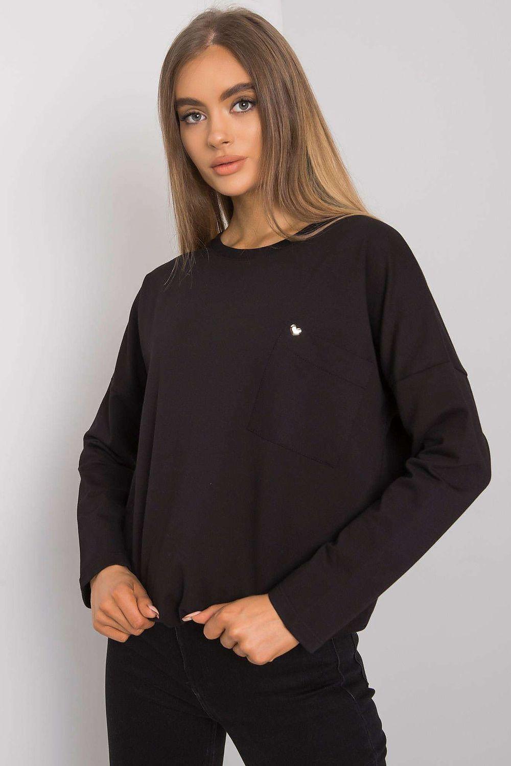 Black cotton blouse, loose fit, long sleeves with small chest logo
