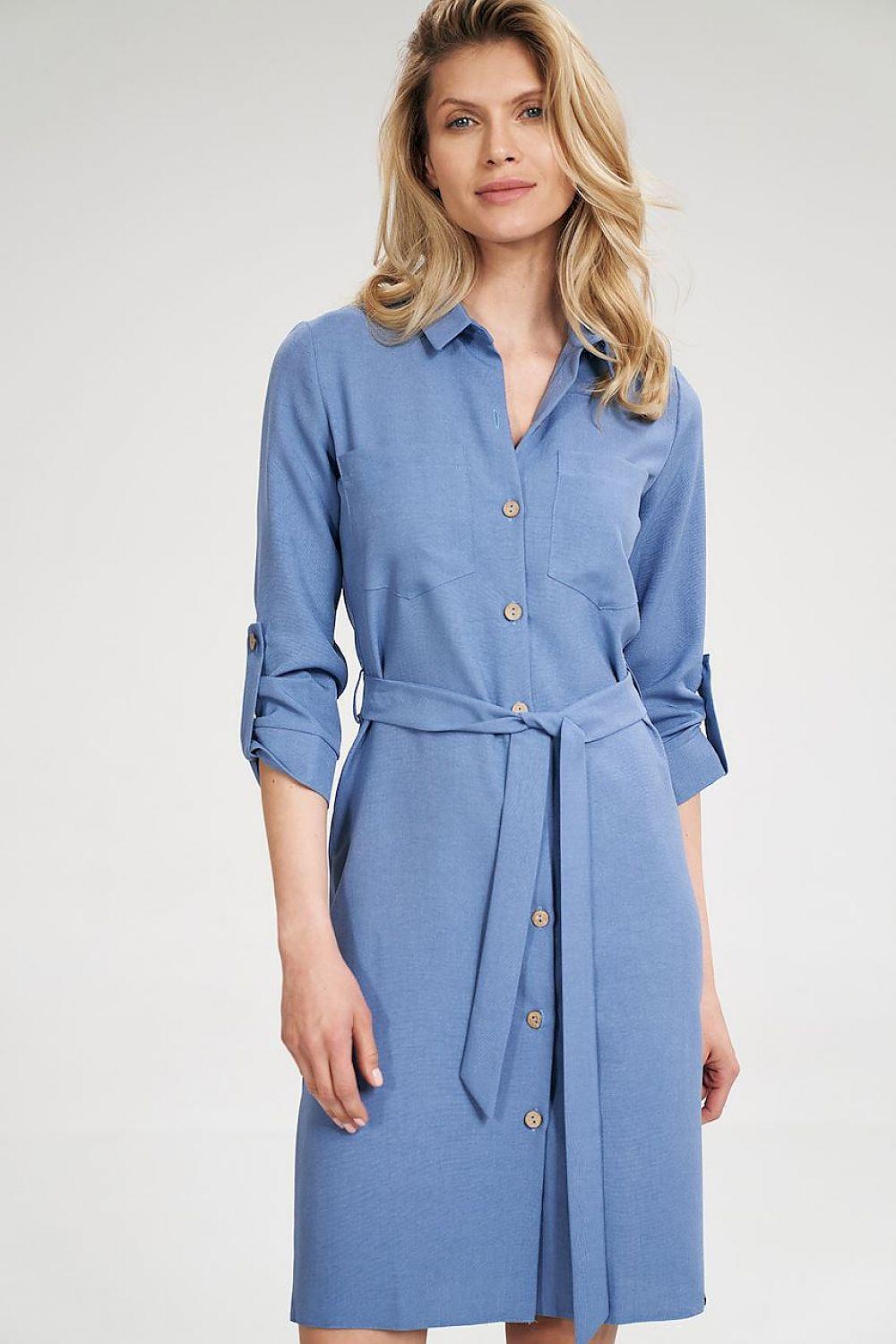 Blue shirt-style daydress with collar, button front, and waist tie belt
