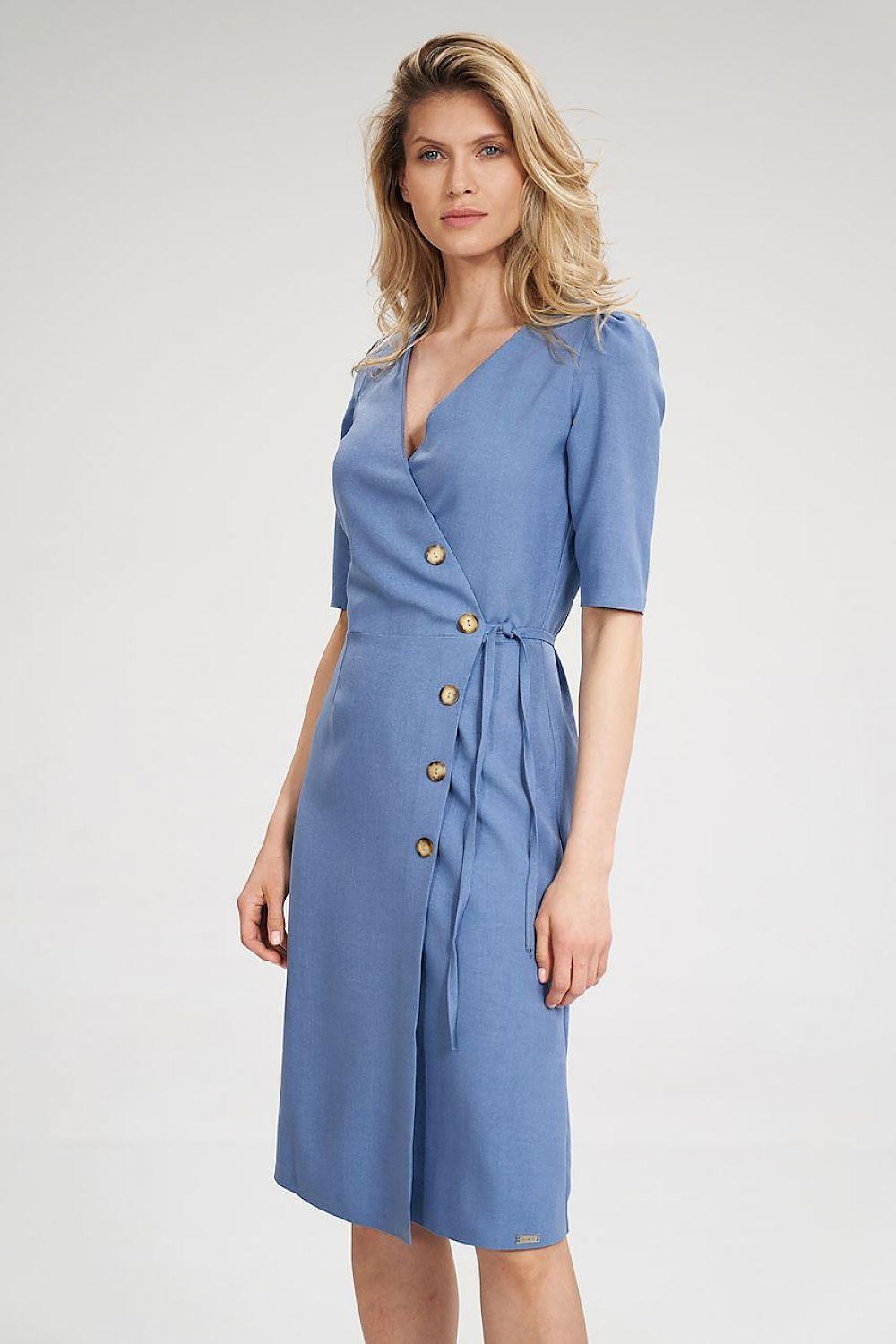 Blue Figl daydress with V-neck, short sleeves, button front and tied waist
