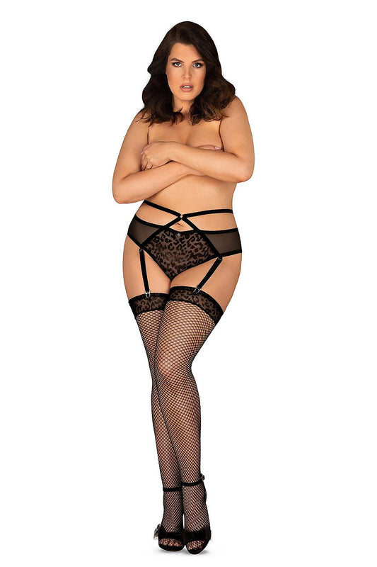 Black garter belt with lace trim over fishnet stockings set