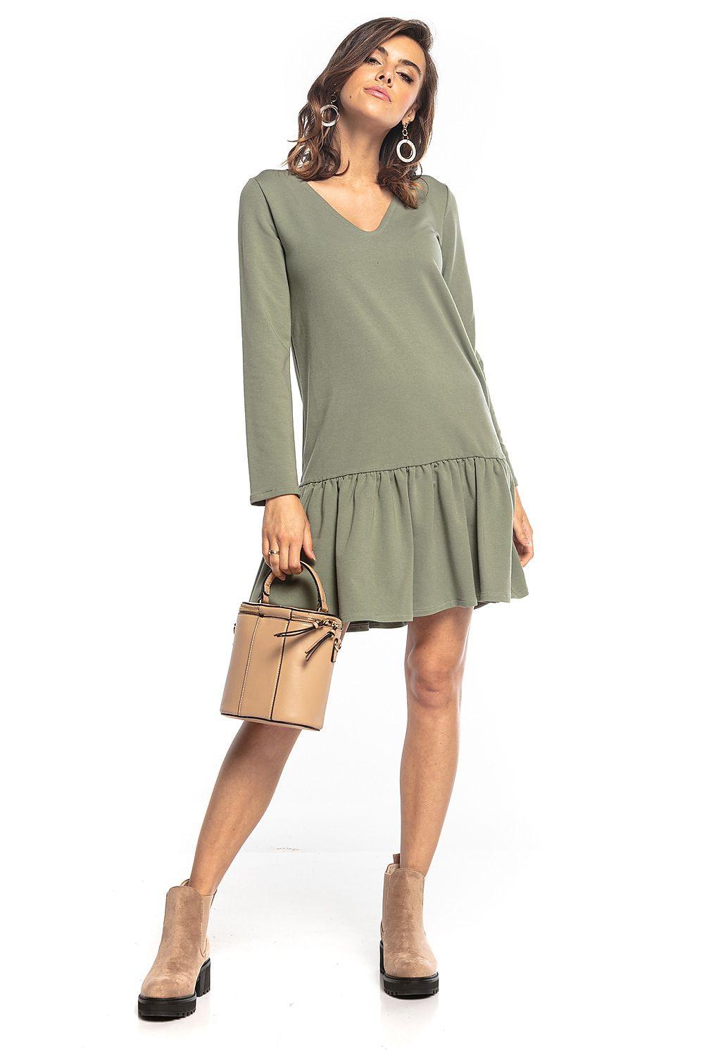 Green V-neck long-sleeve daydress with gathered ruffle hem
