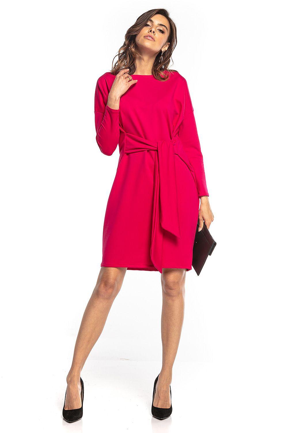 Red long-sleeve daydress with waist tie and gathered front detail, above-knee length