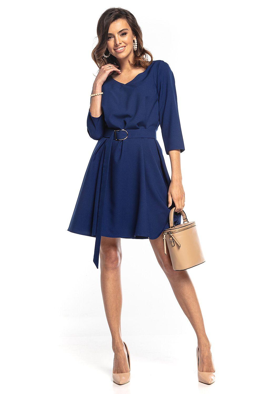 Navy daydress with V-neck, 3/4 sleeves, and tied waist
