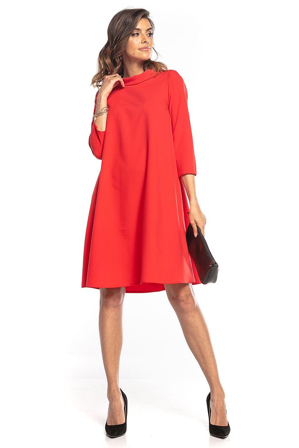 Red daydress with collar, three-quarter sleeves, and A-line skirt, front view