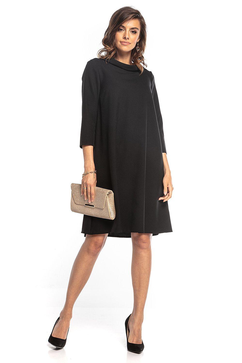 Black daydress with draped neckline, 3/4 sleeves, A-line knee-length cut