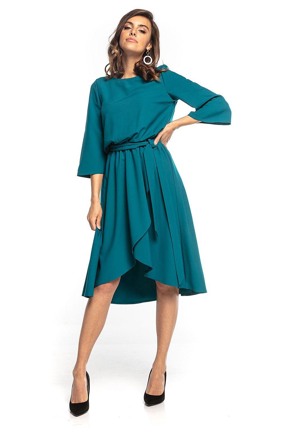 Teal daydress with tie waist and 3/4 sleeves, midi length