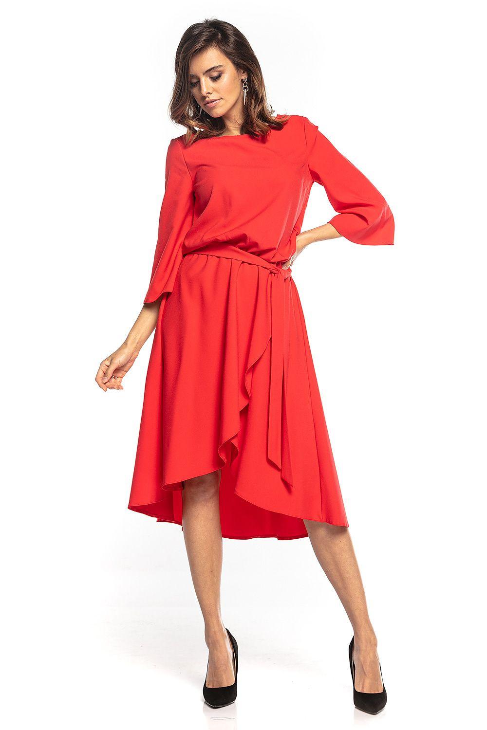 Red midi daydress with tied waist, 3/4 sleeves, asymmetrical hem