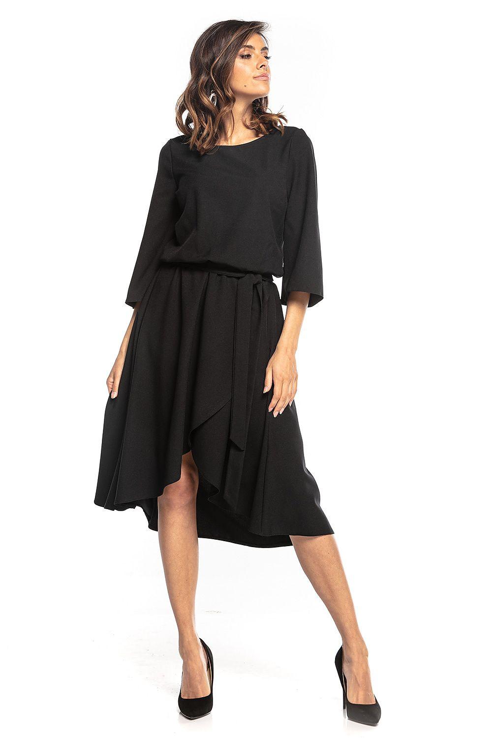 Black daydress with 3/4 sleeves, gathered waist, and flared A-line skirt