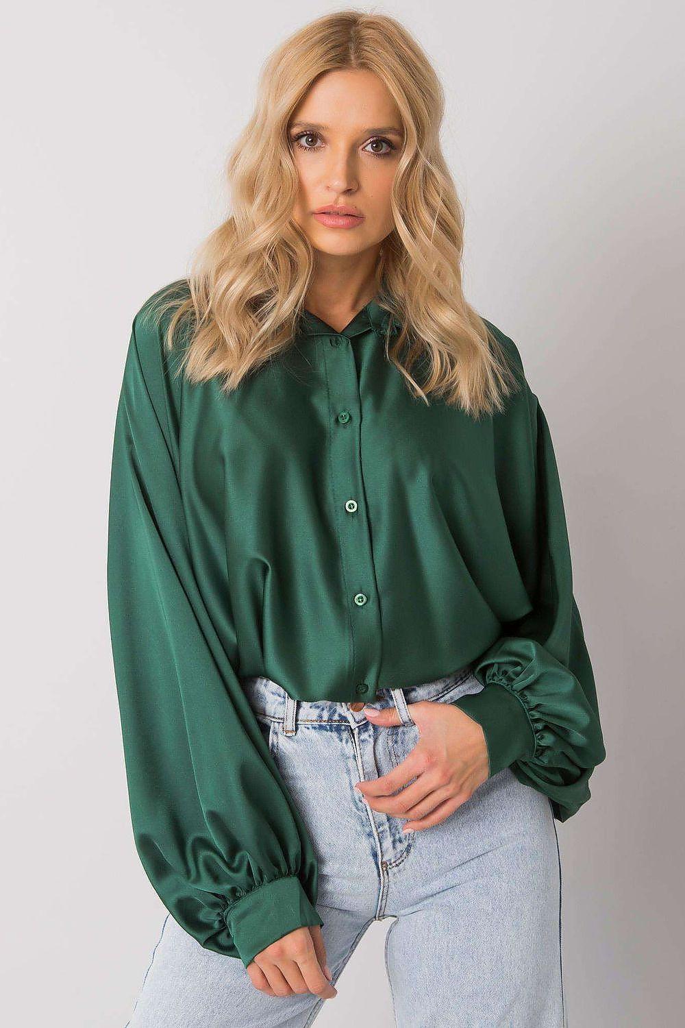 Green long sleeve shirt with wide elegant sleeves and button front