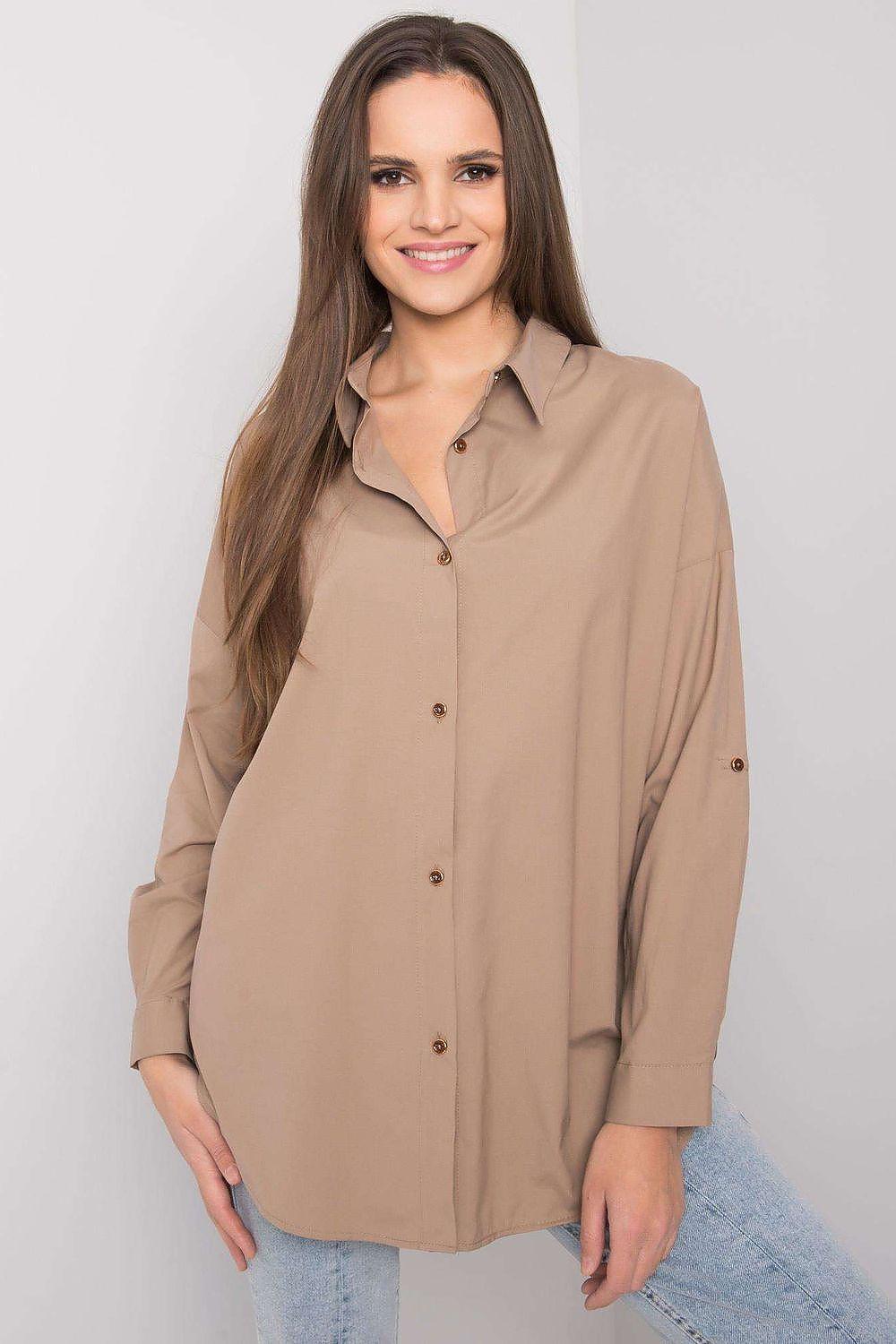 Long-sleeve shirt, beige, button-up with collared neckline and long sleeves