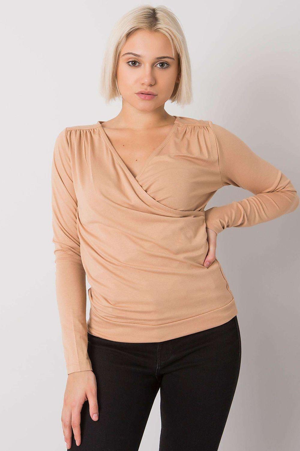 Beige long-sleeve envelope-front blouse, gathered shoulders