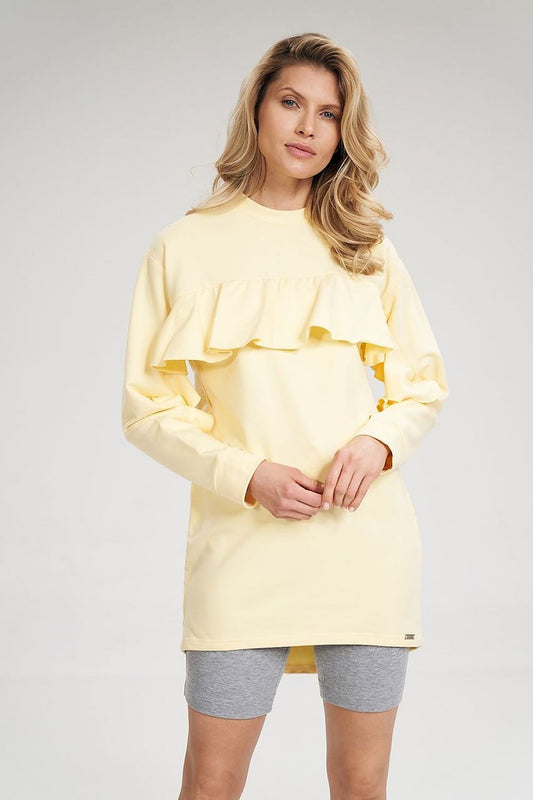 Yellow ruffle long-sleeve tunic with layered neckline and straight hem