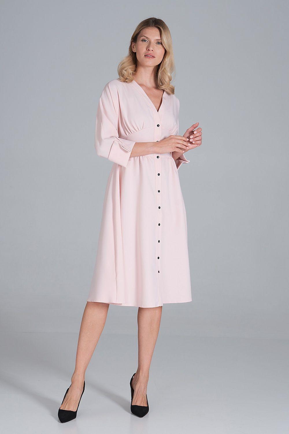 Light pink button-front daydress with V-neck and 3/4 sleeves