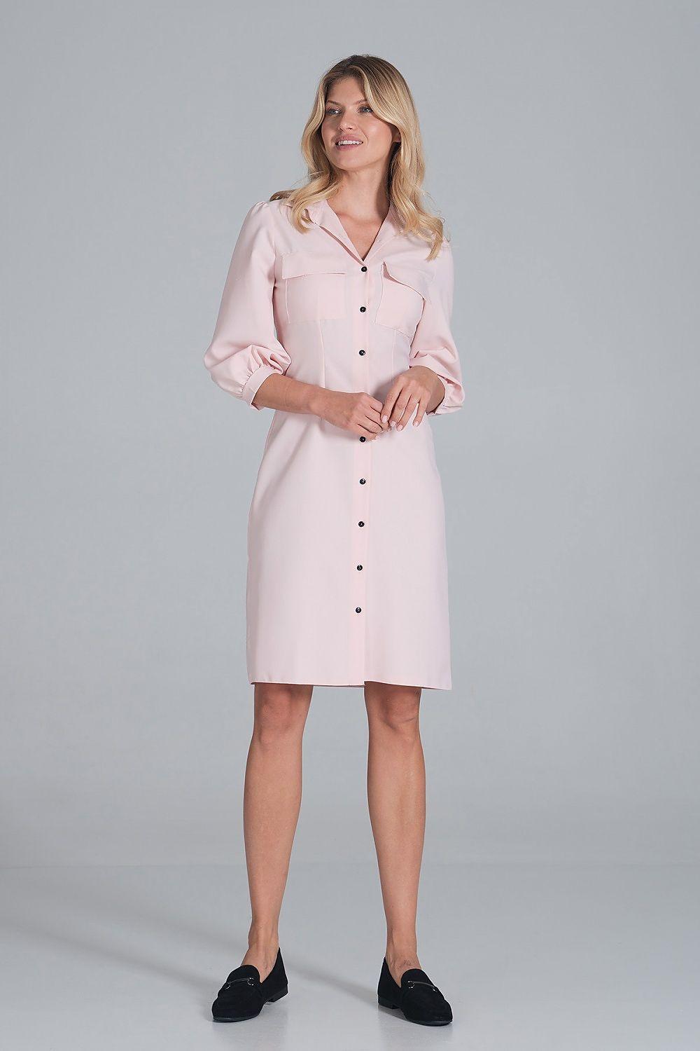 Figl daydress model 162391, pink V-neck with button front and 3/4 sleeves