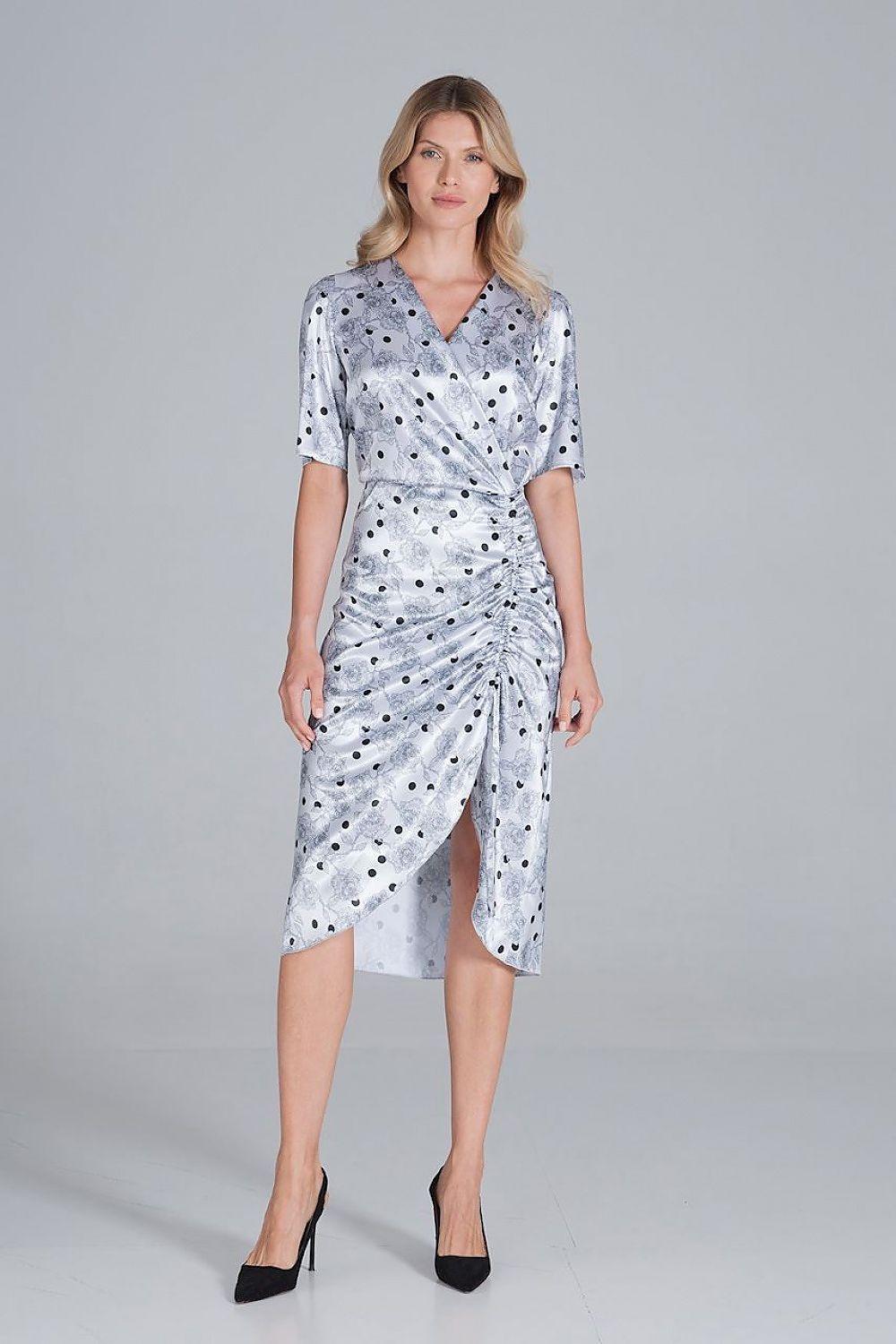 Grey speckle print cocktail dress, V-neck, short sleeves, ruched wrap midi hem