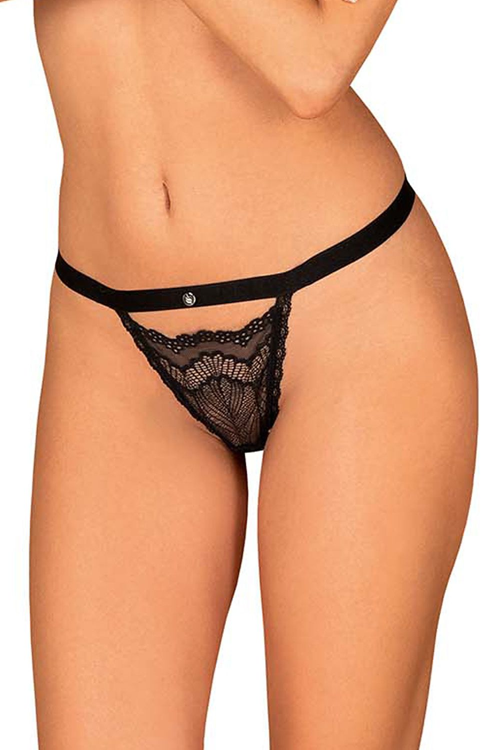 Black lace T-back panties with sheer lace front panel