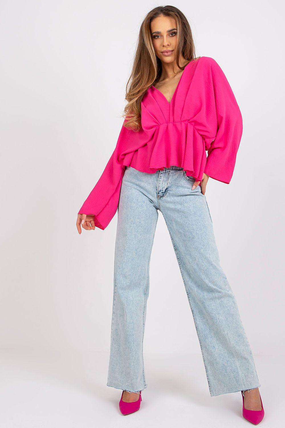 Pink blouse with V-neck, gathered waist tie, and voluminous long sleeves