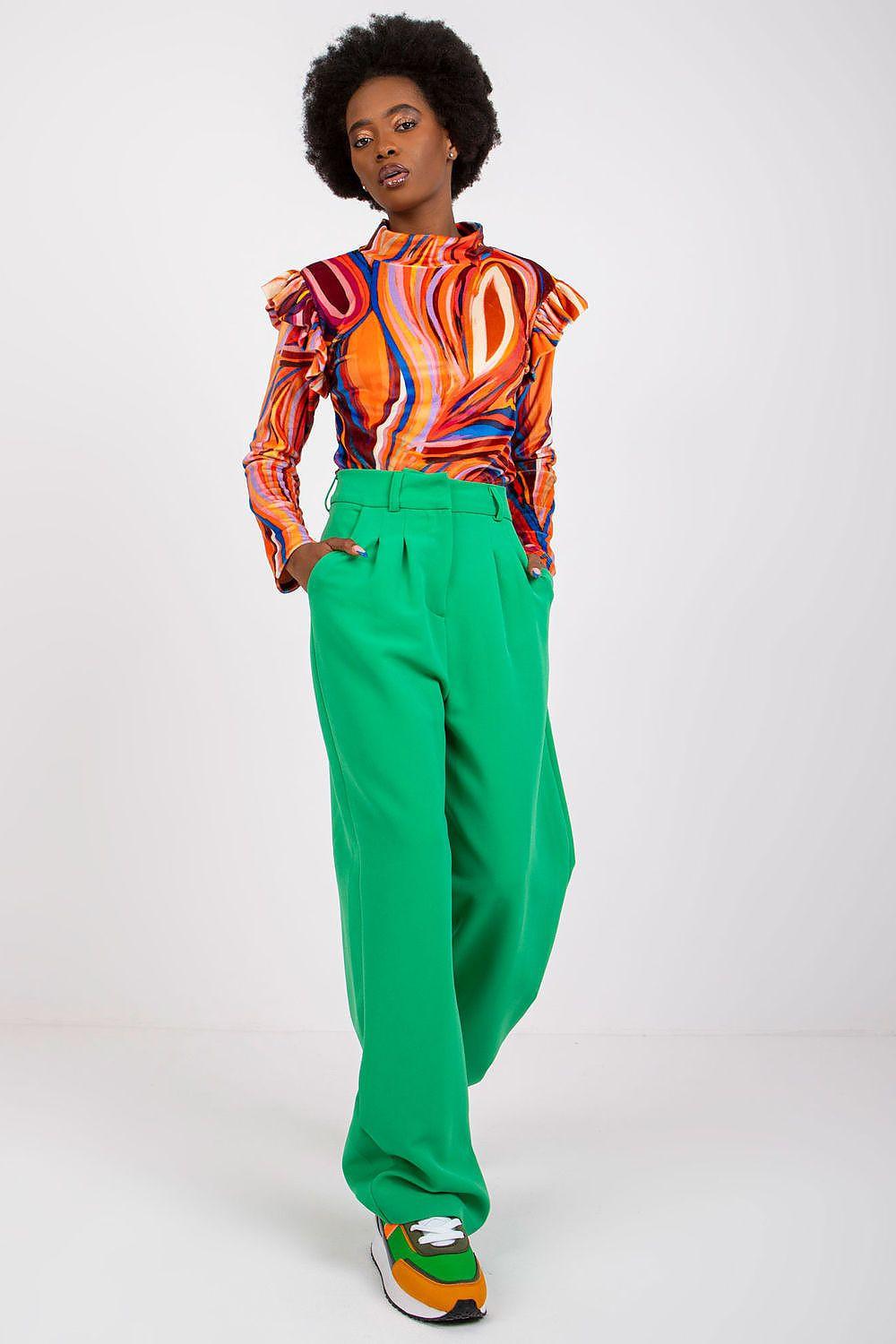 Orange multicolor striped blouse with high collar and long sleeves